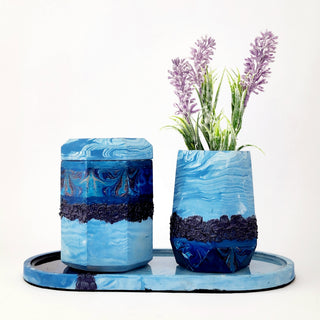 Blue Marble and Dark Purple Candle, Diffuser / Vase and Tray Set