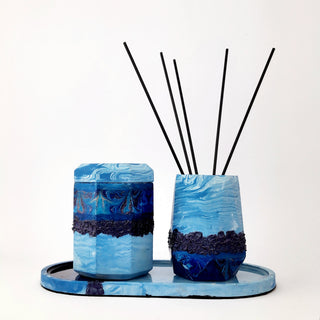 Blue Marble and Dark Purple Candle, Diffuser / Vase and Tray Set