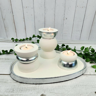 Glamorous White and Silver Tealight and Tray Set